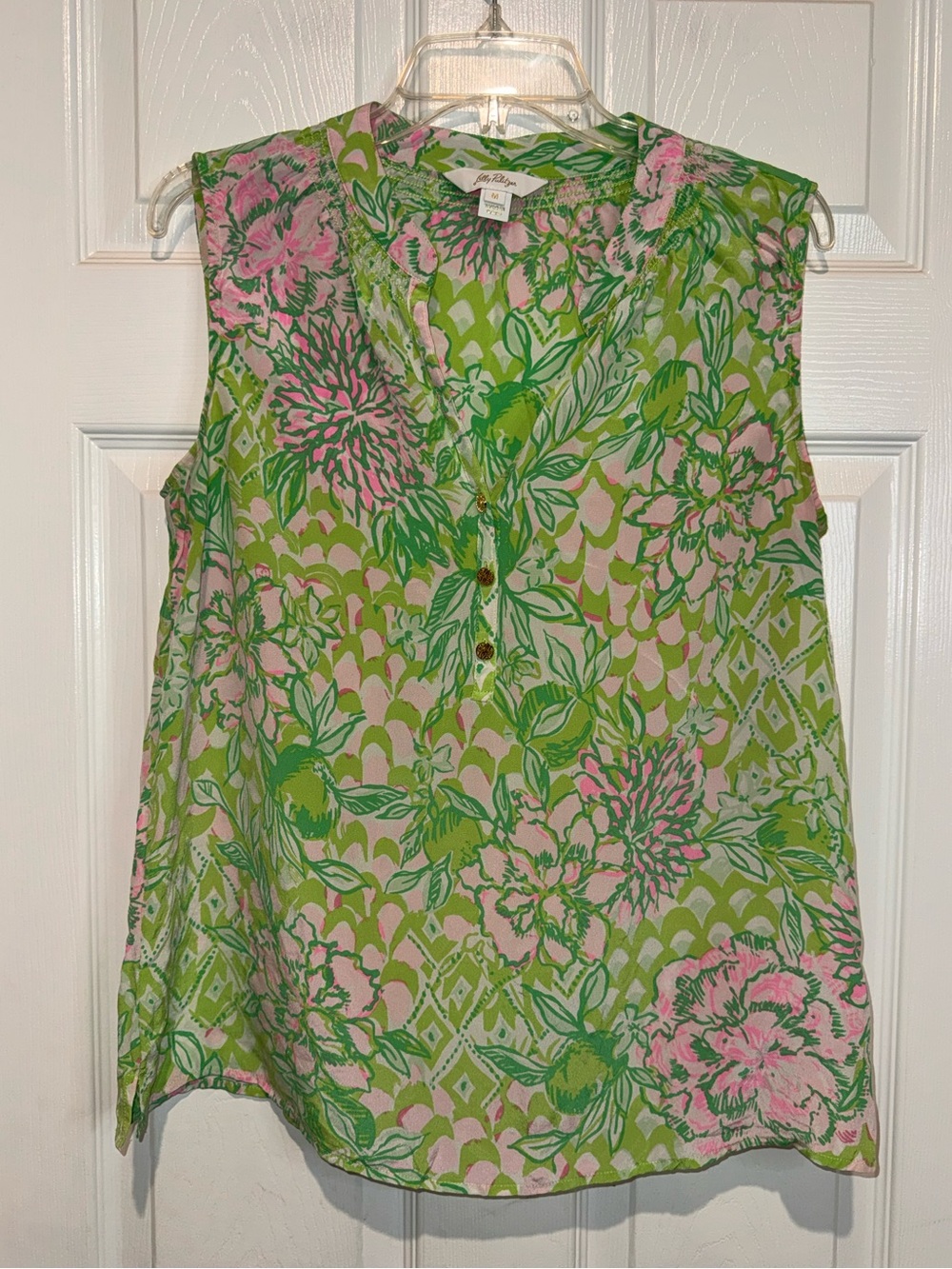 Lilly Pulitzer Green & Pink Floral Sleeveless Henley Top 100% Silk